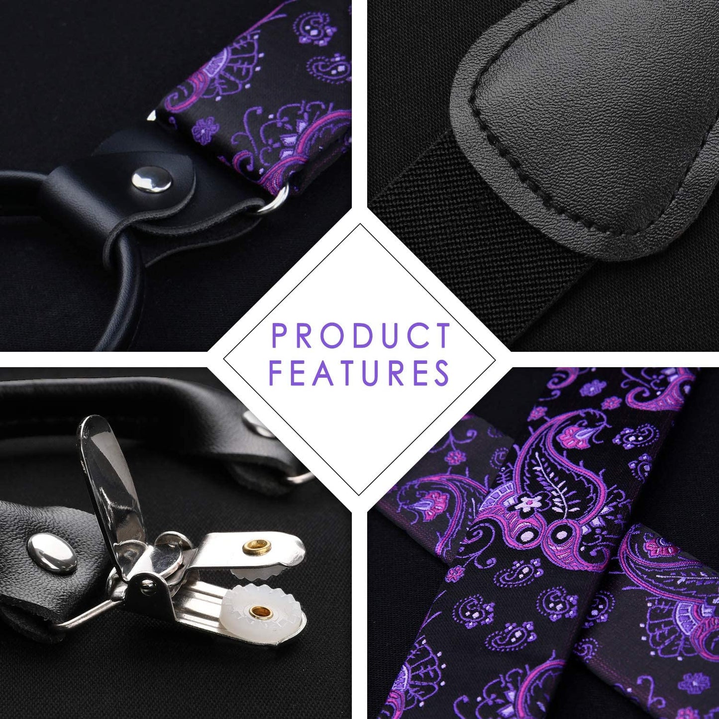 Hisdern Paisley Suspenders Bow Tie Set Purple Black Formal Accessories