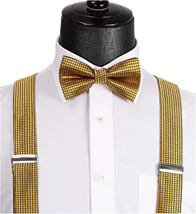 Hisdern Plaid Suspenders Pre-tied Bow Tie Set Gold Pattern Accessories