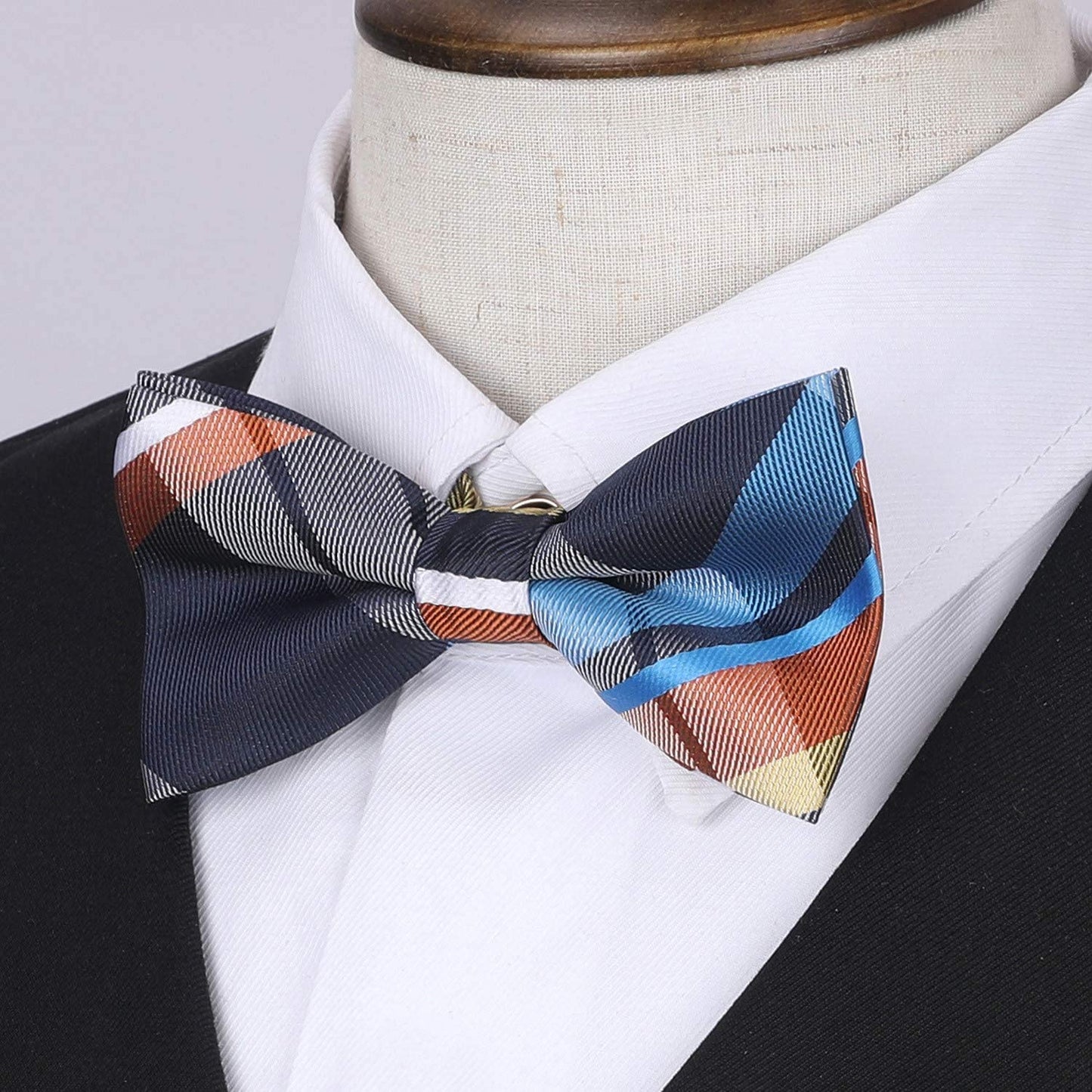 Hisdern Navy Blue Orange Plaid Pre-Tied Bow Tie for Boys