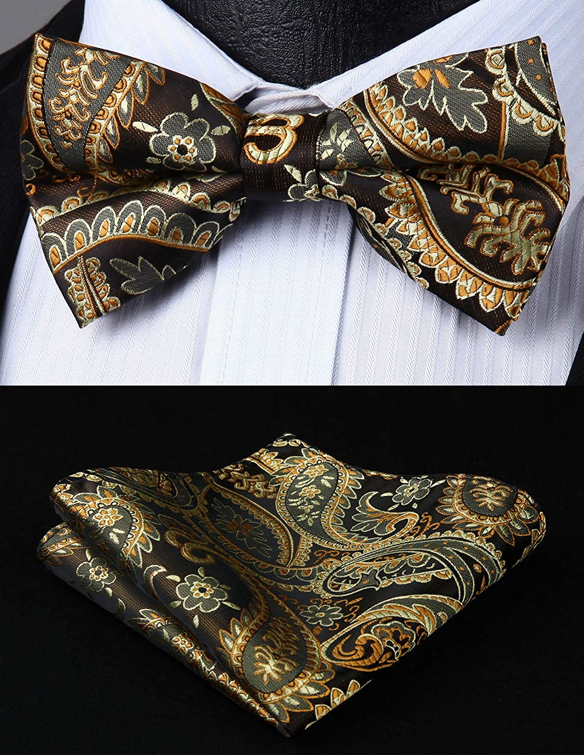 Hisdern Paisley Suspenders Pre-tied Bow Tie Set Gold Formal Accessories