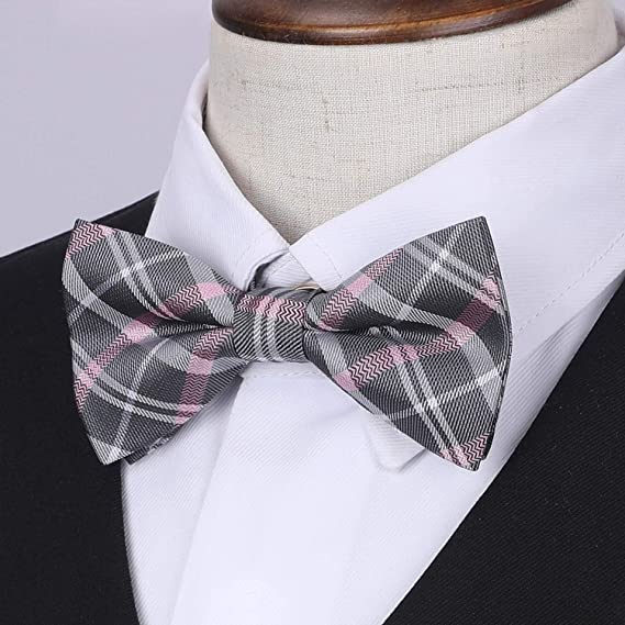 Hisdern Pink Grey Plaid Pre-Tied Bow Tie for Boys