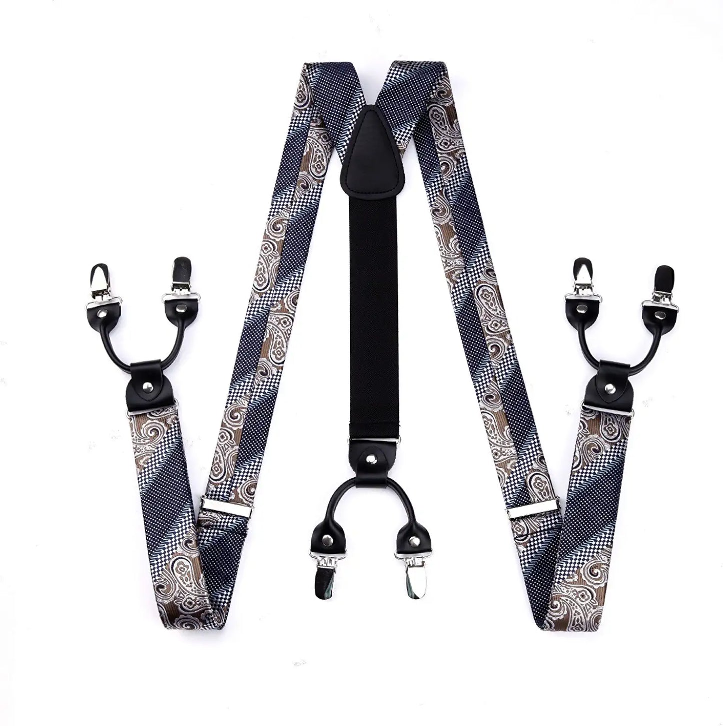 Hisdern Paisley Suspenders Bow Tie Set Brown Navy Formal Accessories