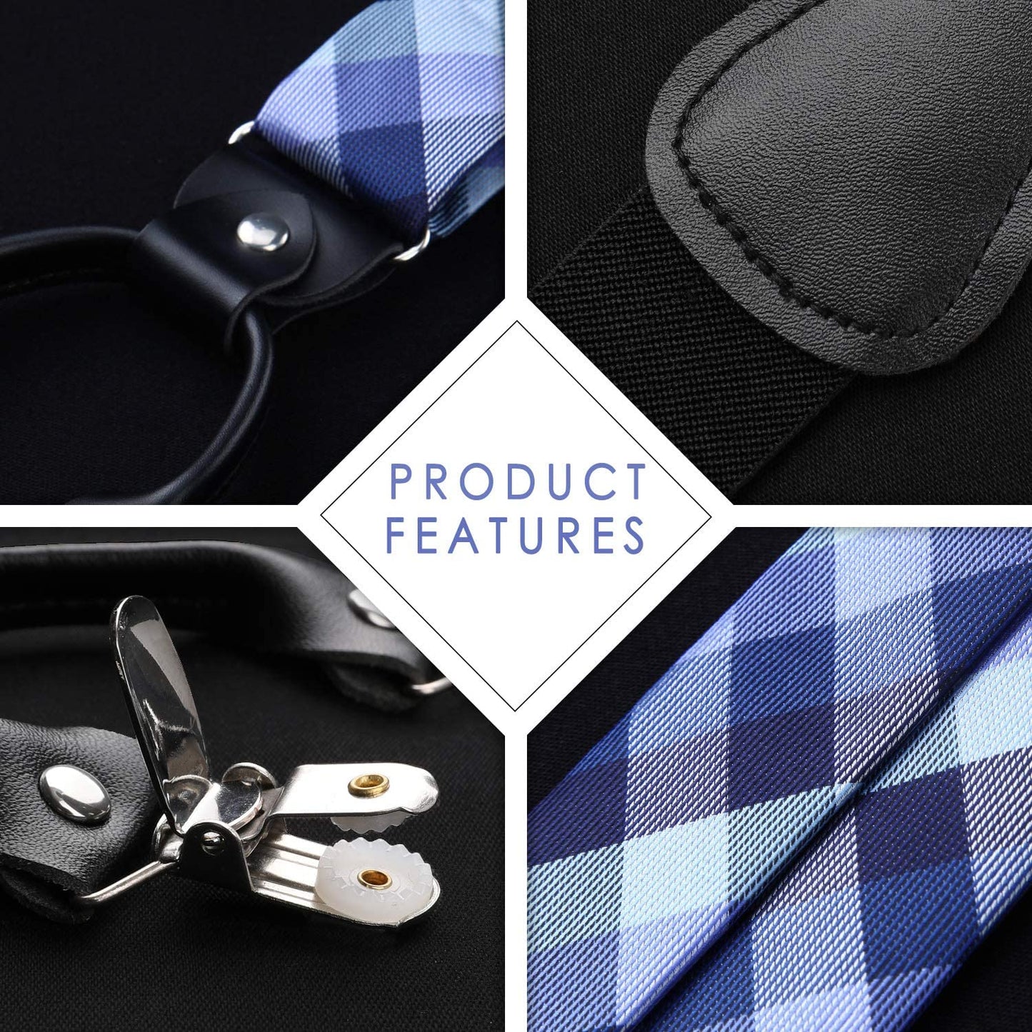 Hisdern Plaid Suspenders Pre-tied Bow Tie Set Blue Pattern Accessories