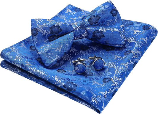 Hisdern Blue Floral Pre-Tied Bow Tie Handkerchief with Cufflinks