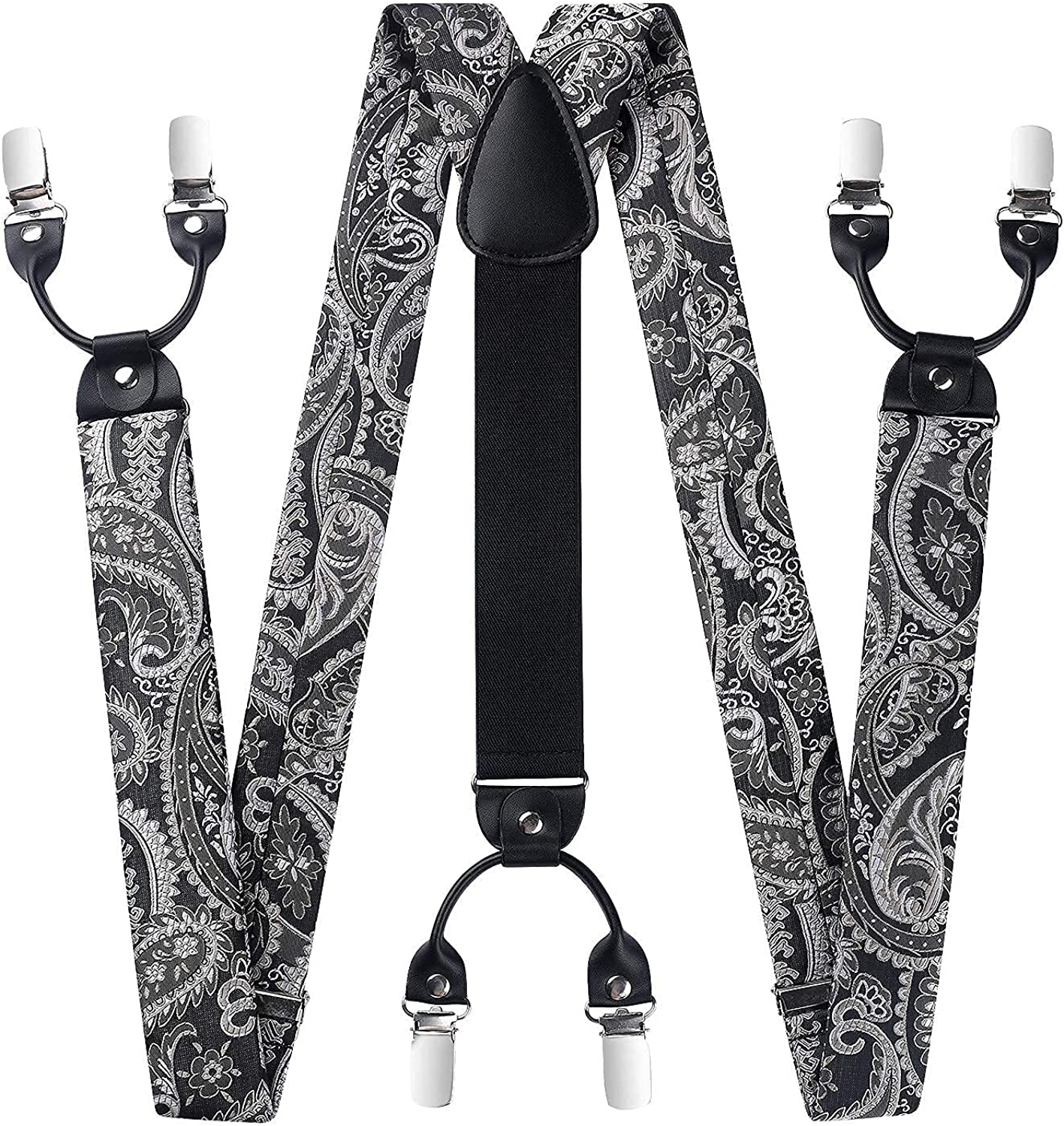 Hisdern Paisley Suspenders Bow Tie Set Grey Black Formal Accessories