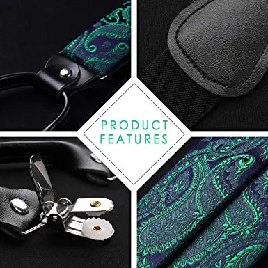Hisdern Paisley Suspenders Pre-tied Bow Tie Set Green Formal Accessories