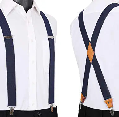 Hisdern Navy Blue Paisley Suspenders Pre-Tied Bow Tie Set Formal Wedding