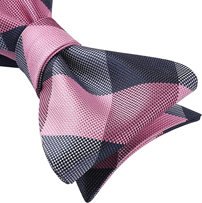 Hisdern Pink Navy Blue Plaid Bow Tie Set For Special Occasions
