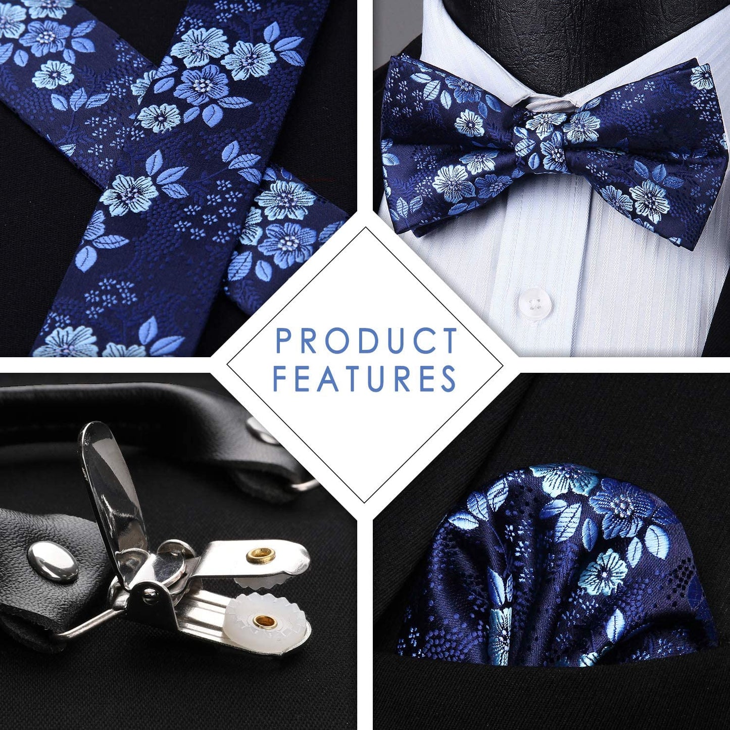 Hisdern Floral Suspenders Pre-tied Bow Tie Set Blue Formal Accessories
