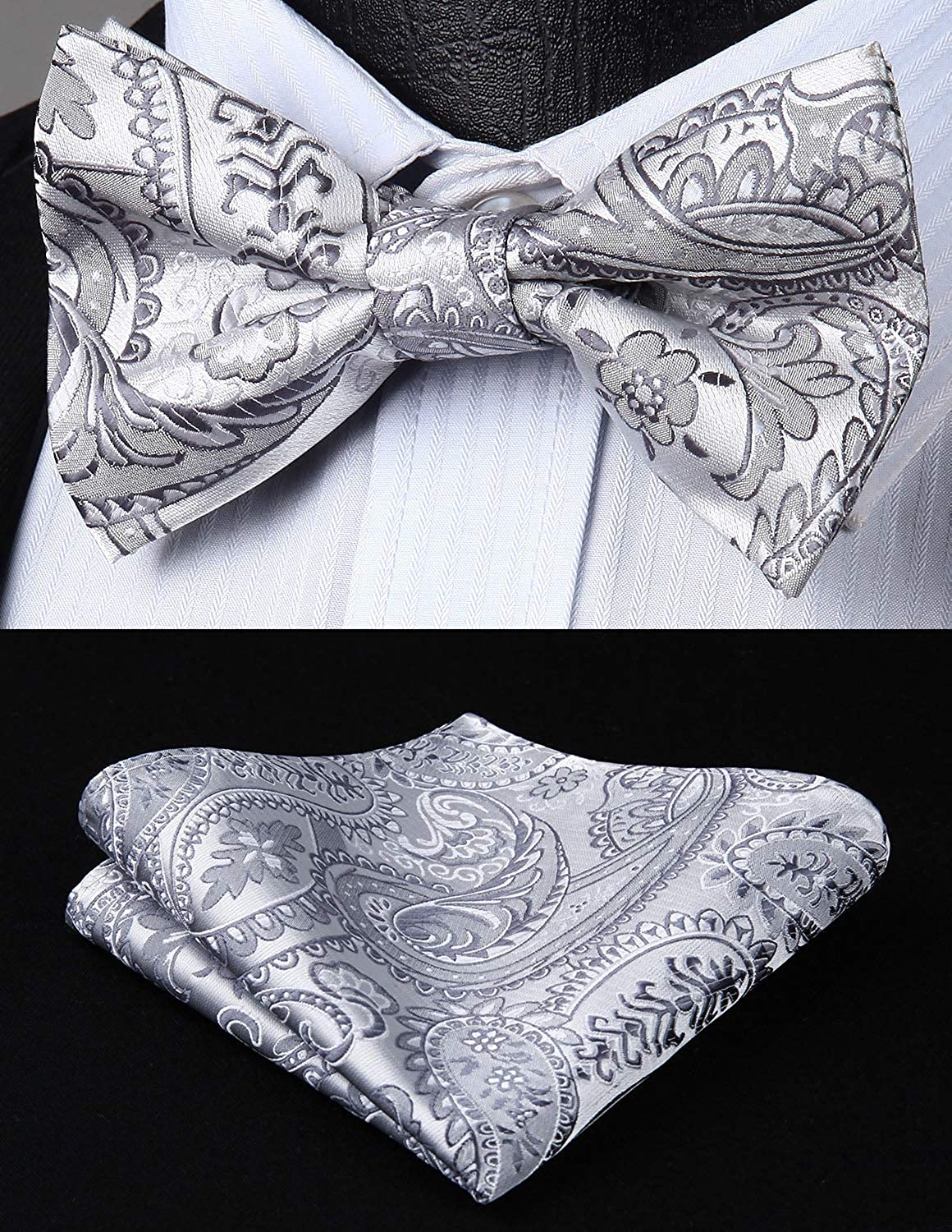 Hisdern Paisley Suspenders Pre-tied Bow Tie Set Silver Formal Accessories