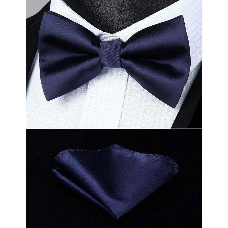 Hisdern Navy Blue Solid Suspenders Pre-Tied Bow Tie Set Formal Wedding