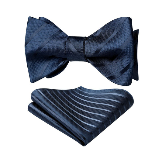 Hisdern Navy Blue Striped Bow Tie Accessories Set For Evening Wear