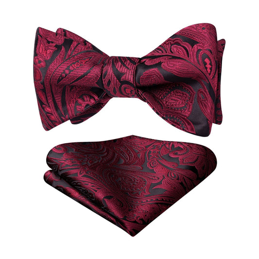 Hisdern Burgundy Paisley Bow Tie Set For Evening Wear