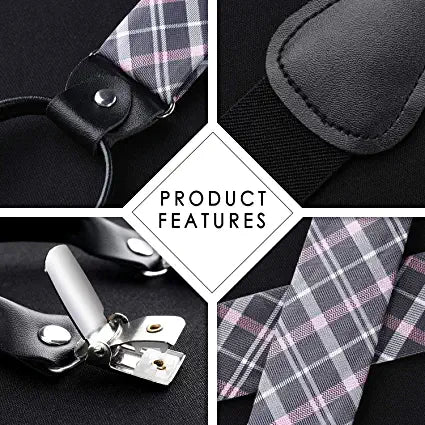 Hisdern Plaid Suspenders Bow Tie Set Pink Grey Pattern Accessories