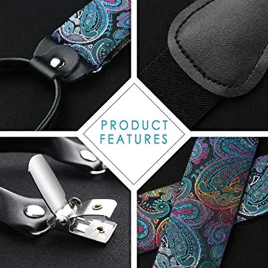 Hisdern Paisley Suspenders Bow Tie Set Blue Green Formal Accessories