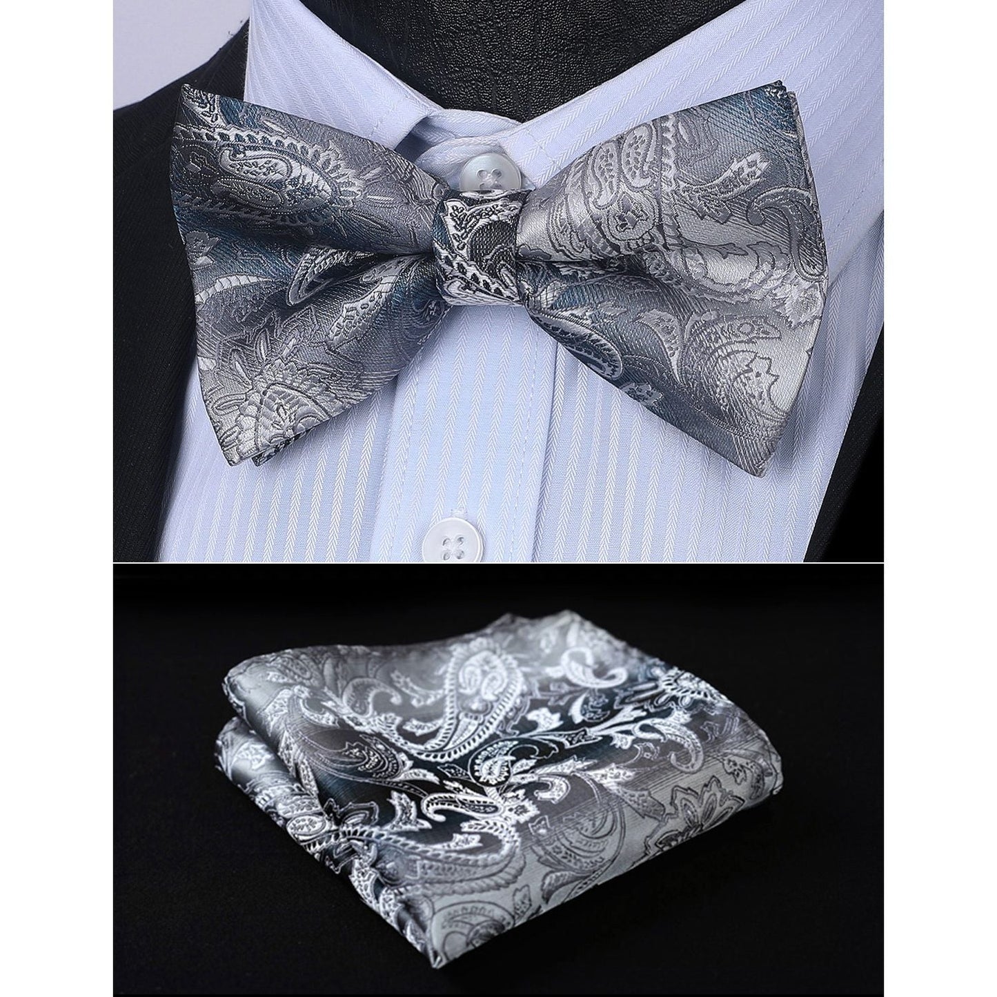 Hisdern Grey Paisley Pre-Tied Bow Tie Set for Wedding