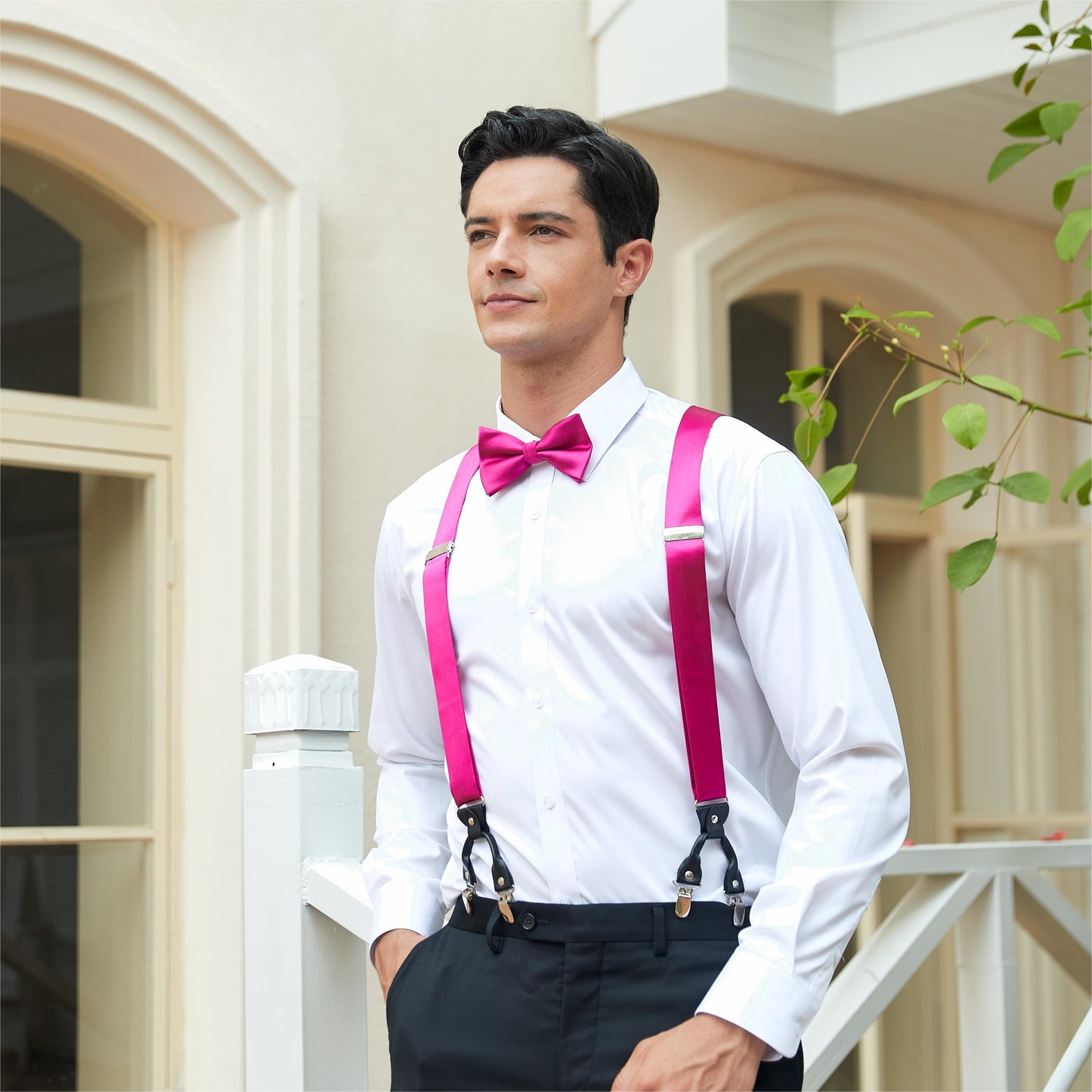 Hisdern Solid Suspenders Pre-Tied Bow Tie Set Hot Pink Formal Wedding Outfit