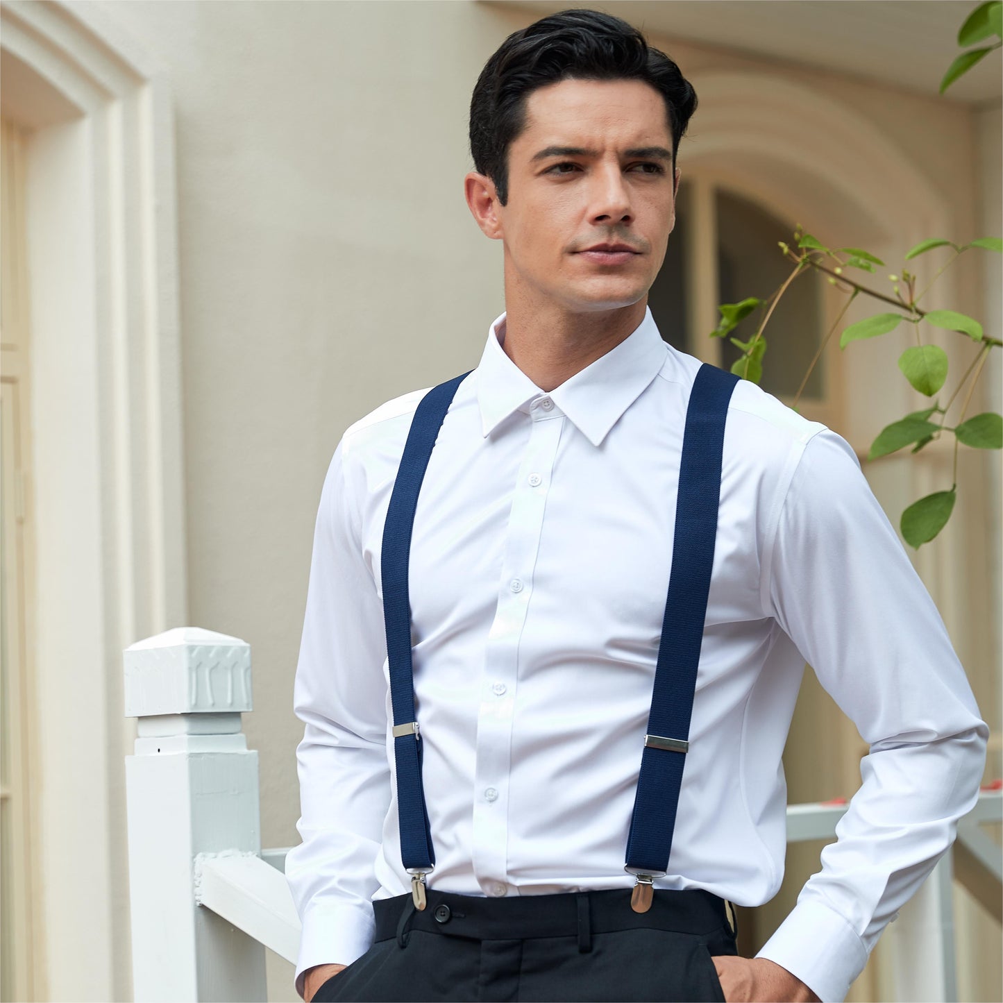 Hisdern Classic Navy Blue Suspenders Y-Back Adjustable Fit for Men
