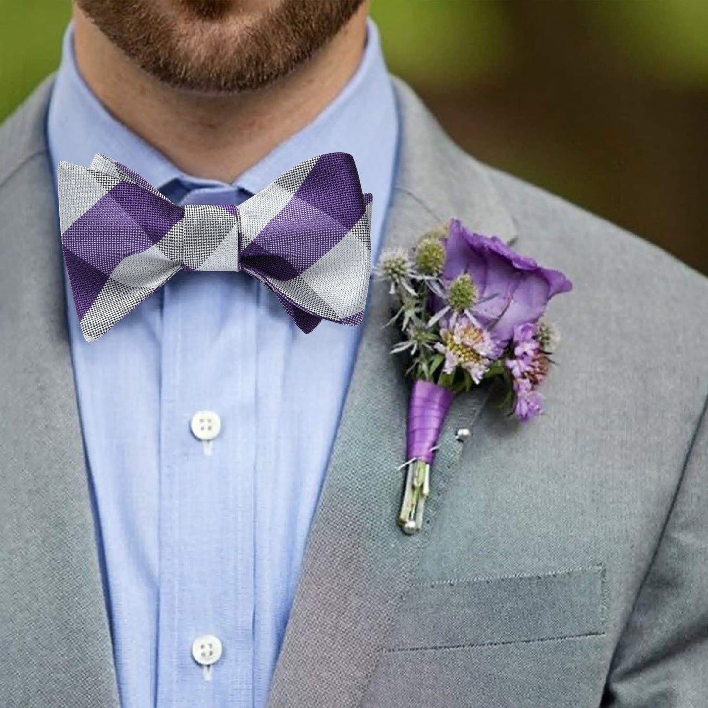 Hisdern Purple White Plaid Bow Tie Set For Special Occasions