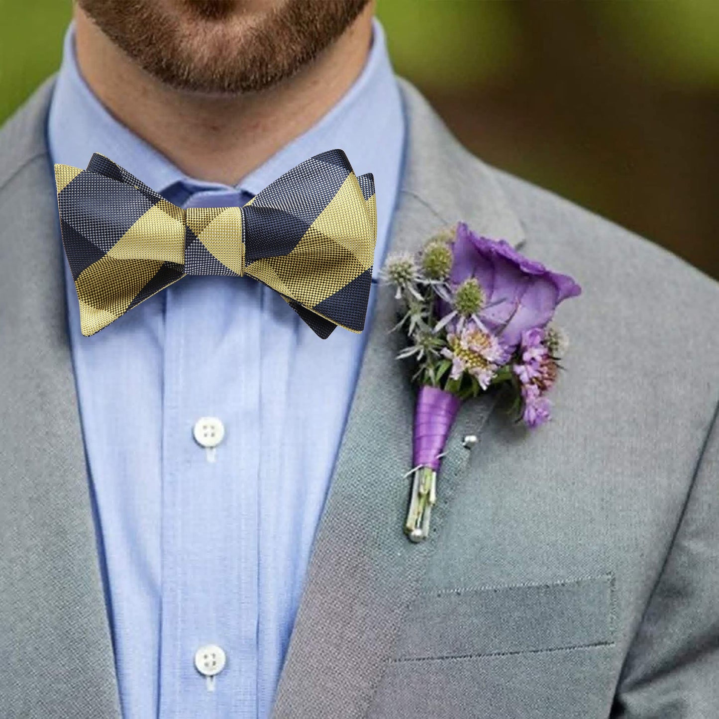Hisdern Navy Blue Yellow Plaid Bow Tie Set For Special Occasions