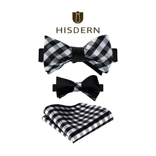 Hisdern Black White Plaid Bow Tie Set For Special Occasions