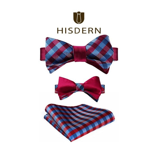 Hisdern Blue Red Plaid Bow Tie Set For Special Occasions