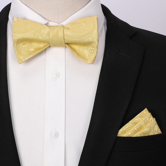 Hisdern Yellow Paisley Bow Tie Set For Evening Wear