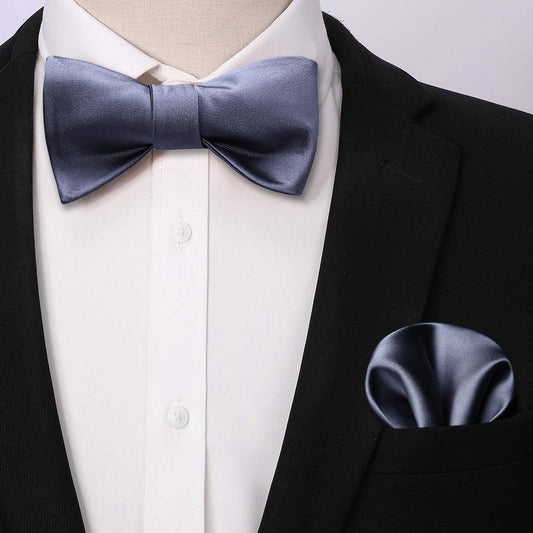 Hisdern Grey Solid Bow Tie Accessories Set For Evening Wear