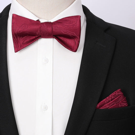 Hisdern Burgundy Paisley Bow Tie Set For Evening Wear