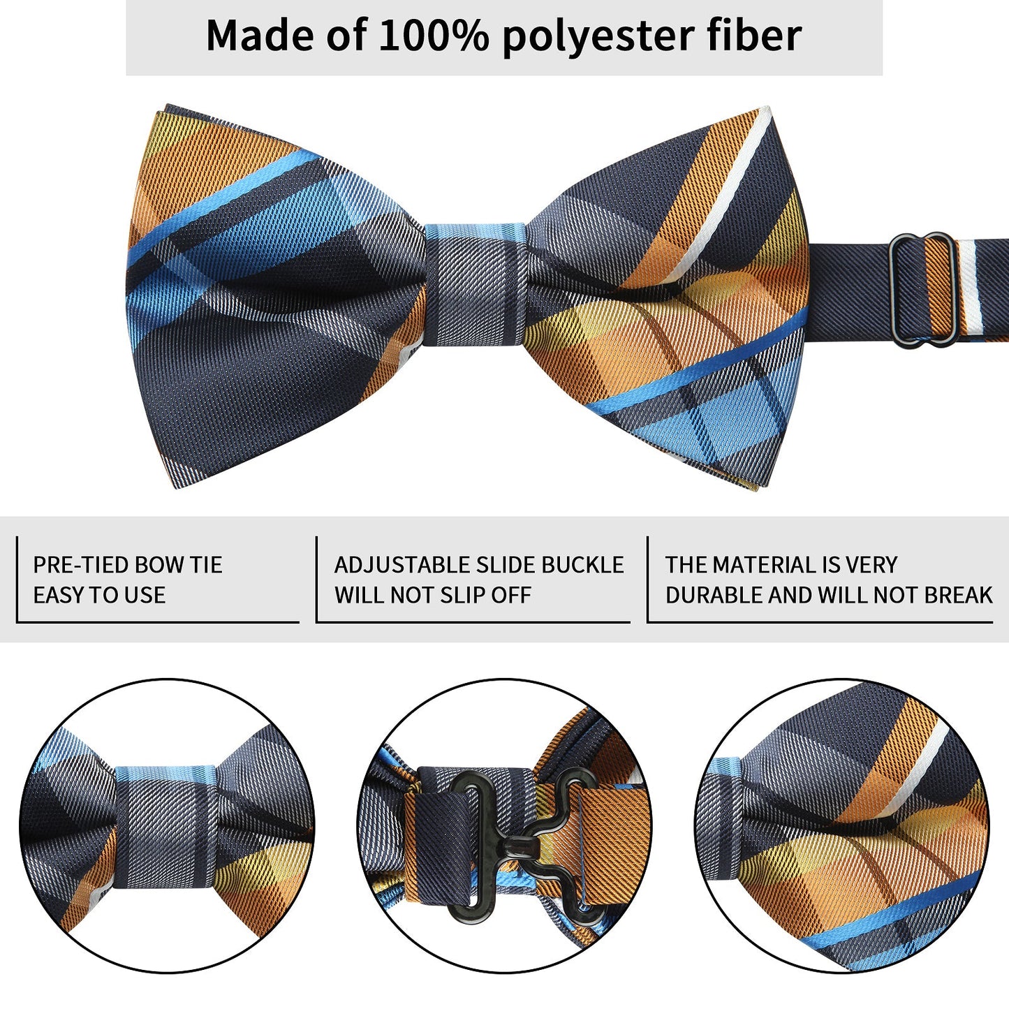 Hisdern Blue Yellow Plaid Pre-Tied Bow Tie for Men Classic Formal Business