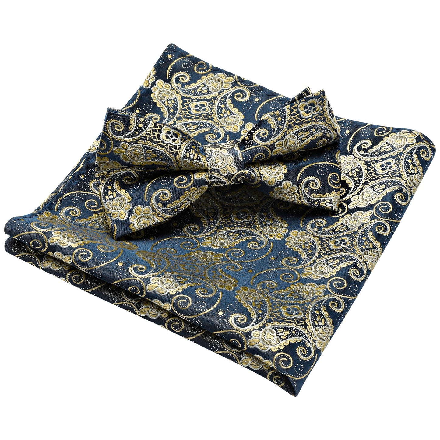 Hisdern Vintage Blue Paisley Pre-Tied Bow Tie Set for Wedding