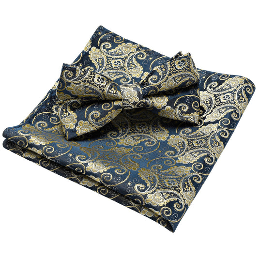 Hisdern Vintage Blue Paisley Pre-Tied Bow Tie Set for Wedding