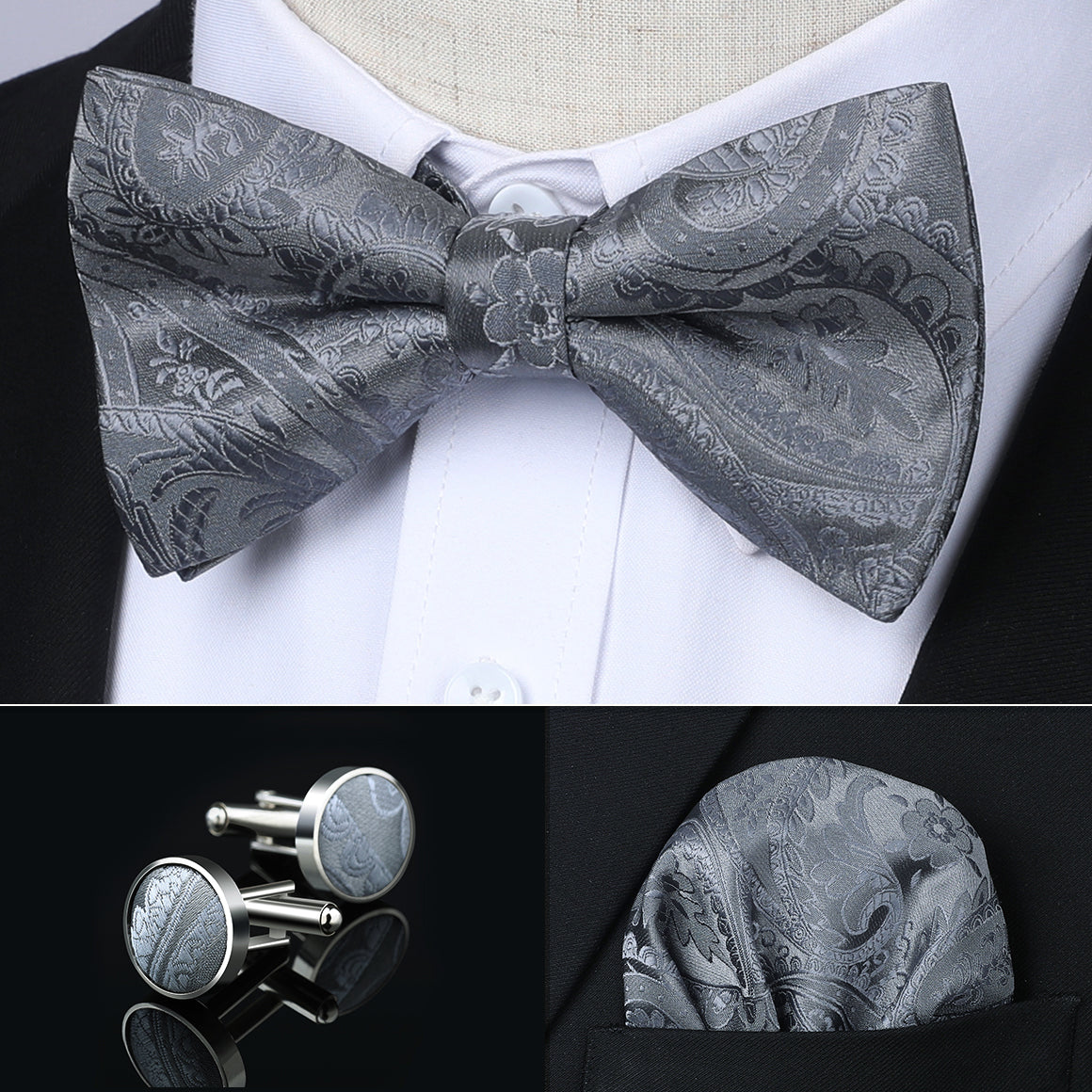Hisdern Grey Paisley Pre-Tied Bow Tie Handkerchief with Cufflinks