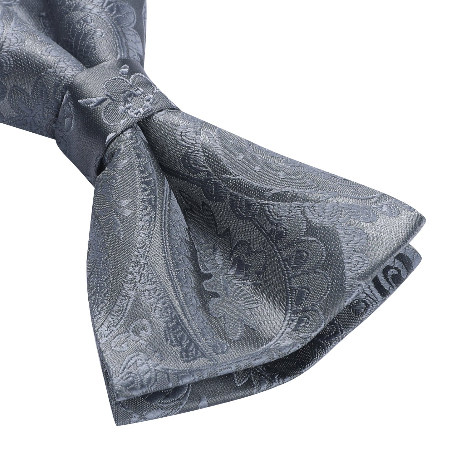 Hisdern Grey Paisley Pre-Tied Bow Tie Handkerchief with Cufflinks