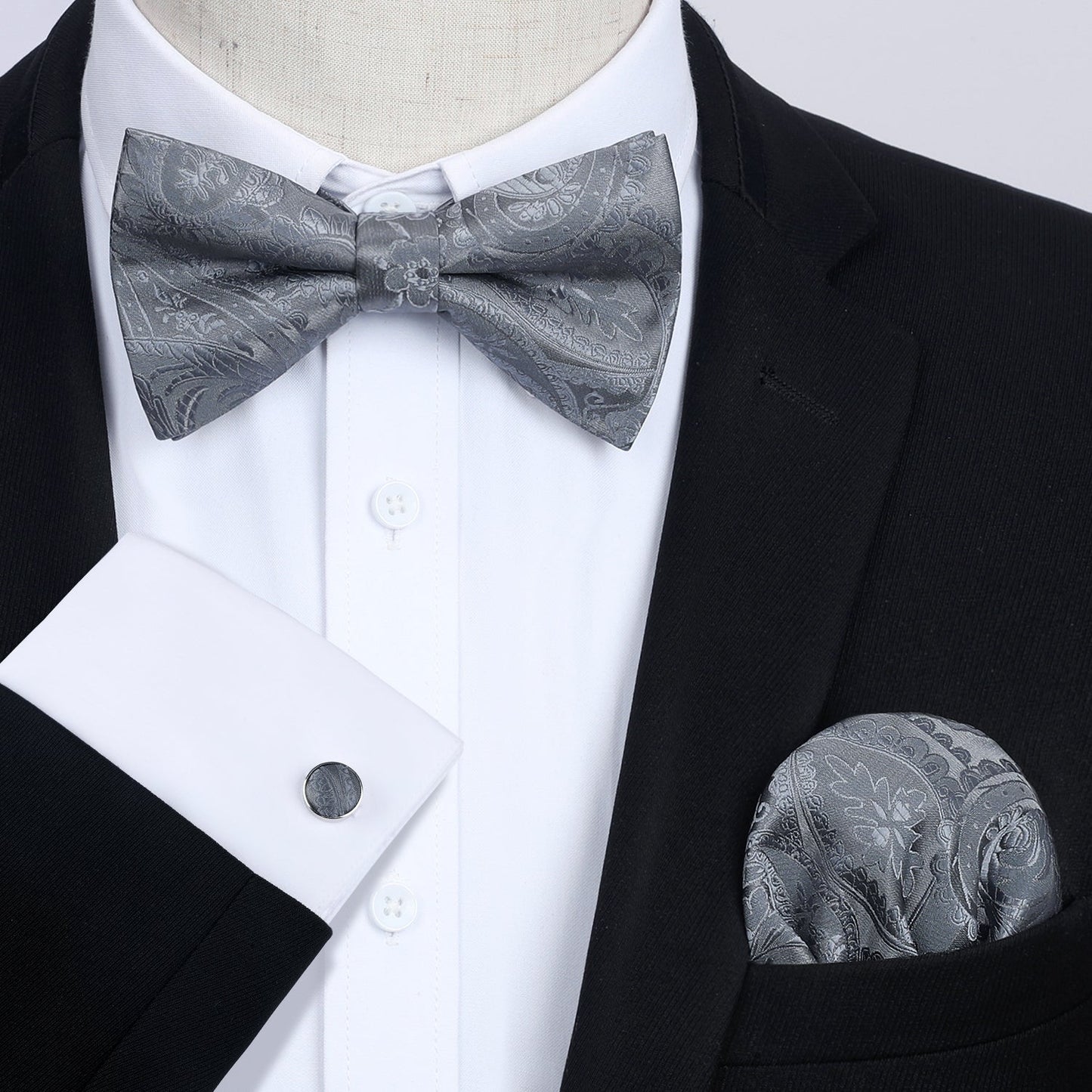 Hisdern Grey Paisley Pre-Tied Bow Tie Handkerchief with Cufflinks