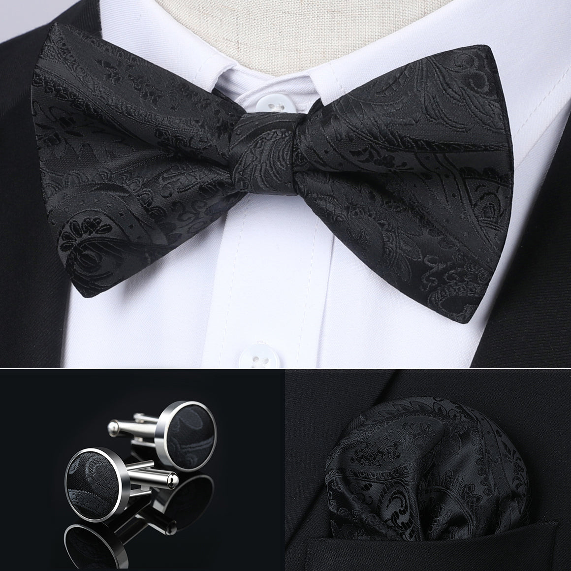 Hisdern Black Paisley Pre-Tied Bow Tie Handkerchief with Cufflinks