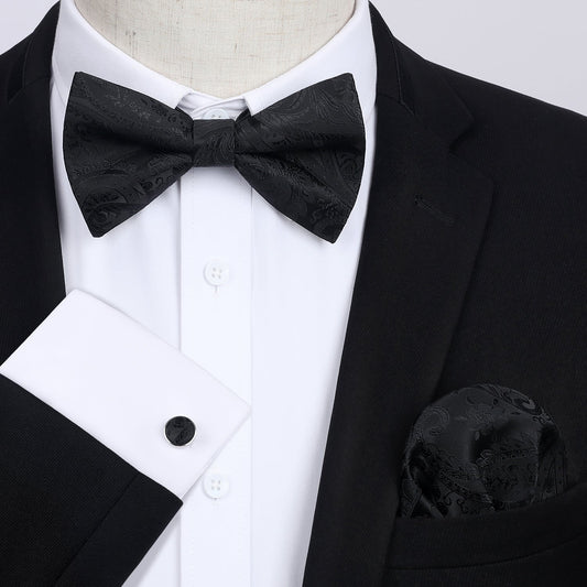 Hisdern Black Paisley Pre-Tied Bow Tie Handkerchief with Cufflinks