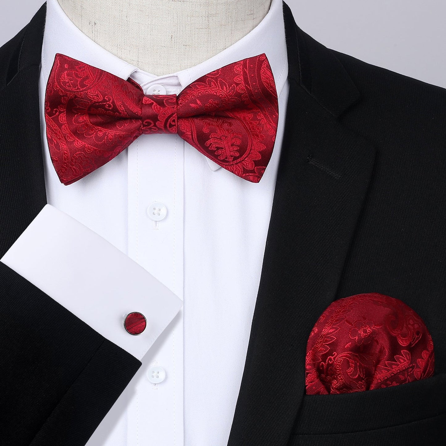 Hisdern Red Paisley Pre-Tied Bow Tie Handkerchief with Cufflinks