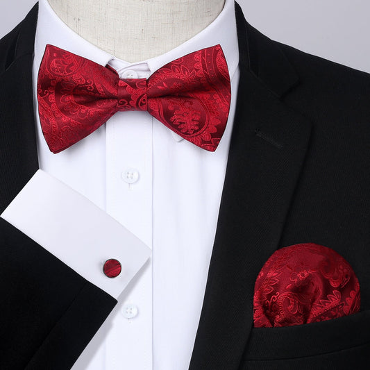 Hisdern Red Paisley Pre-Tied Bow Tie Handkerchief with Cufflinks