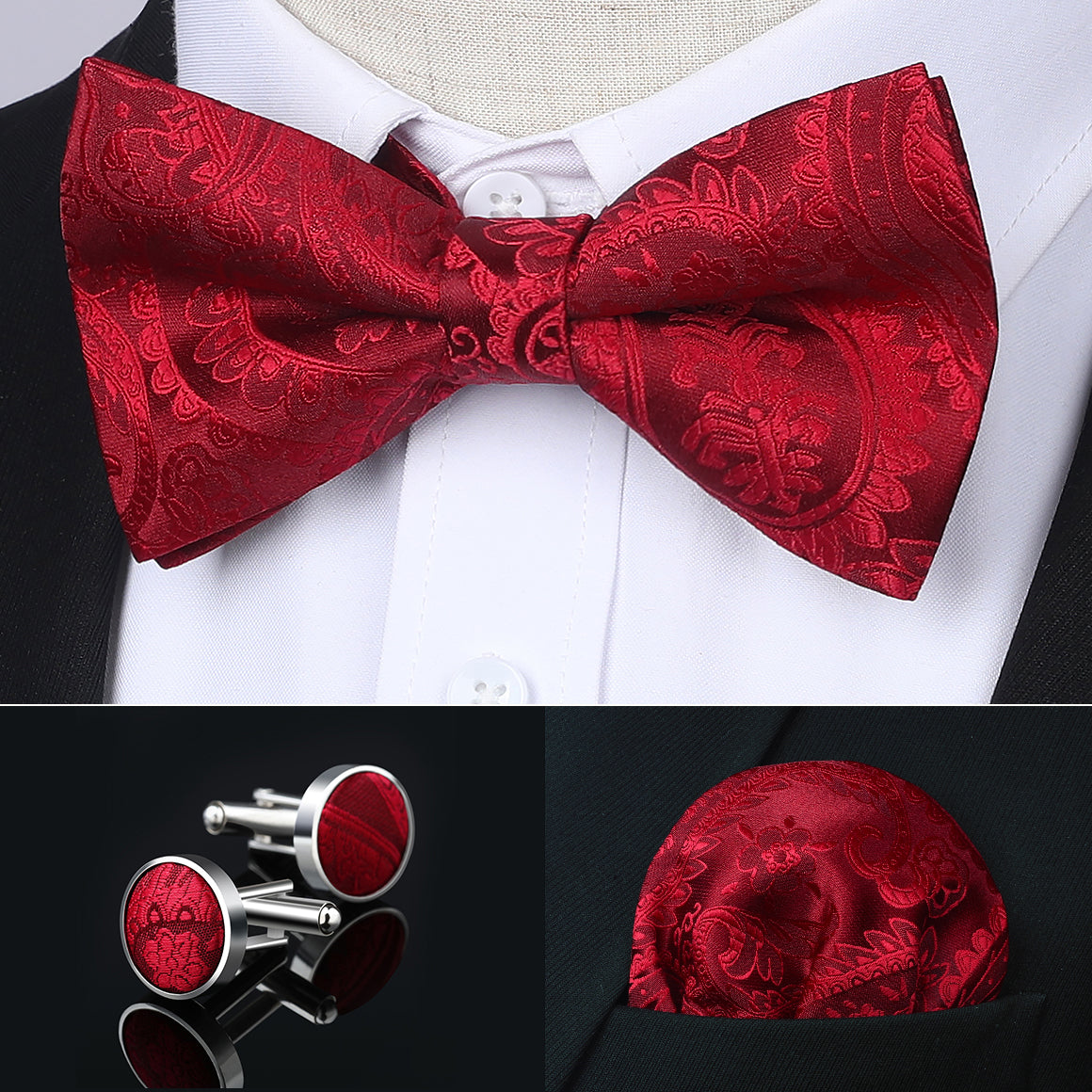 Hisdern Red Paisley Pre-Tied Bow Tie Handkerchief with Cufflinks