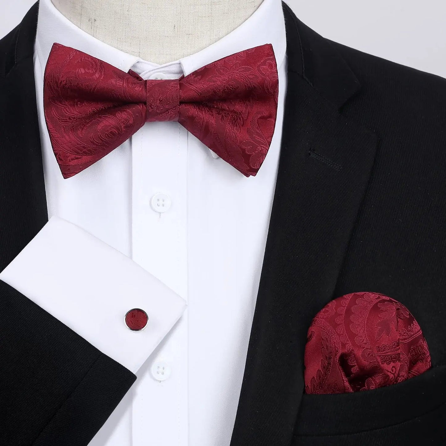Hisdern Vintage Burgundy Paisley Pre-Tied Bow Tie Handkerchief with Cufflinks