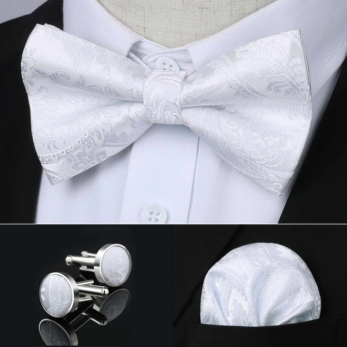Hisdern White Paisley Pre-Tied Bow Tie Handkerchief with Cufflinks