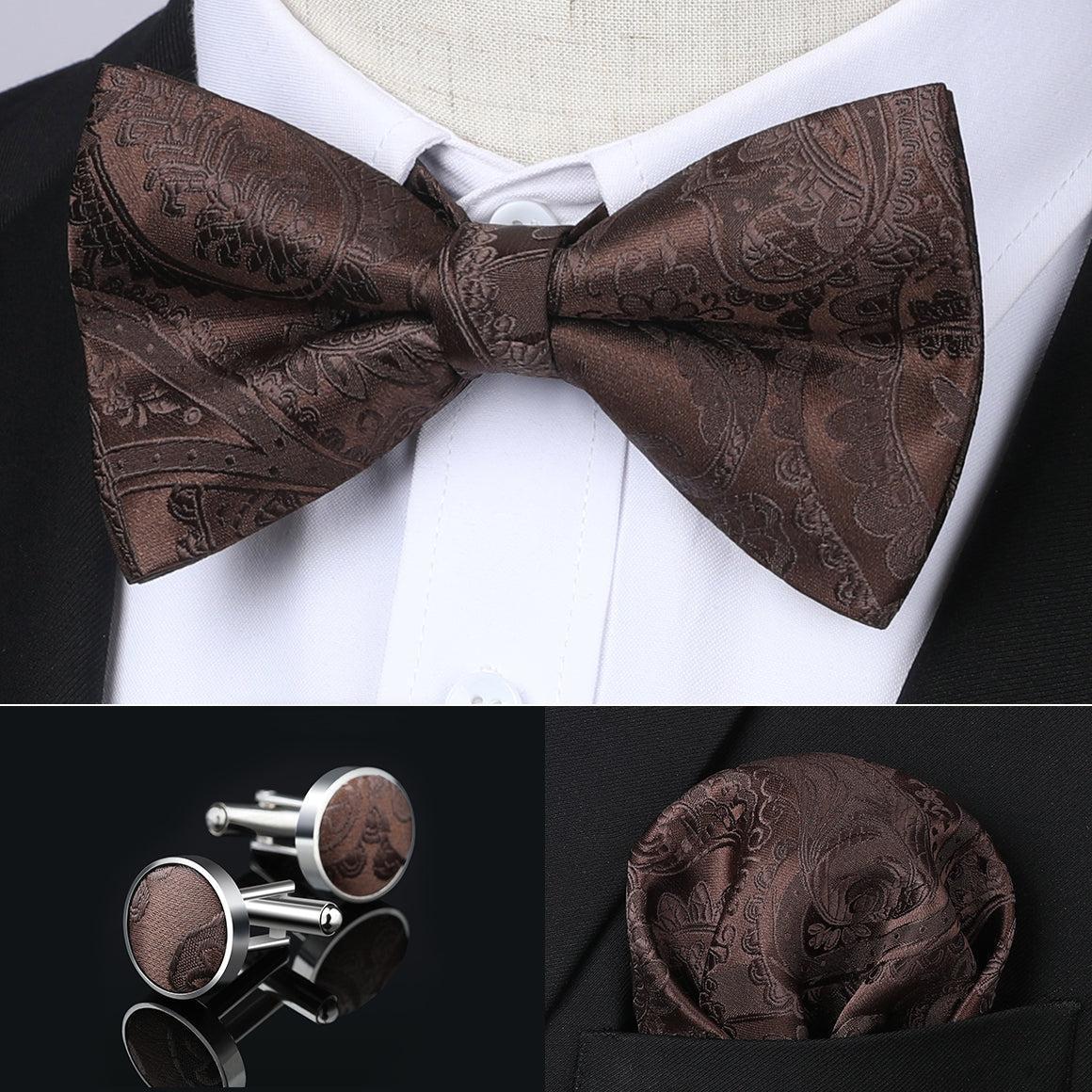 Hisdern Brown Paisley Pre-Tied Bow Tie Handkerchief with Cufflinks