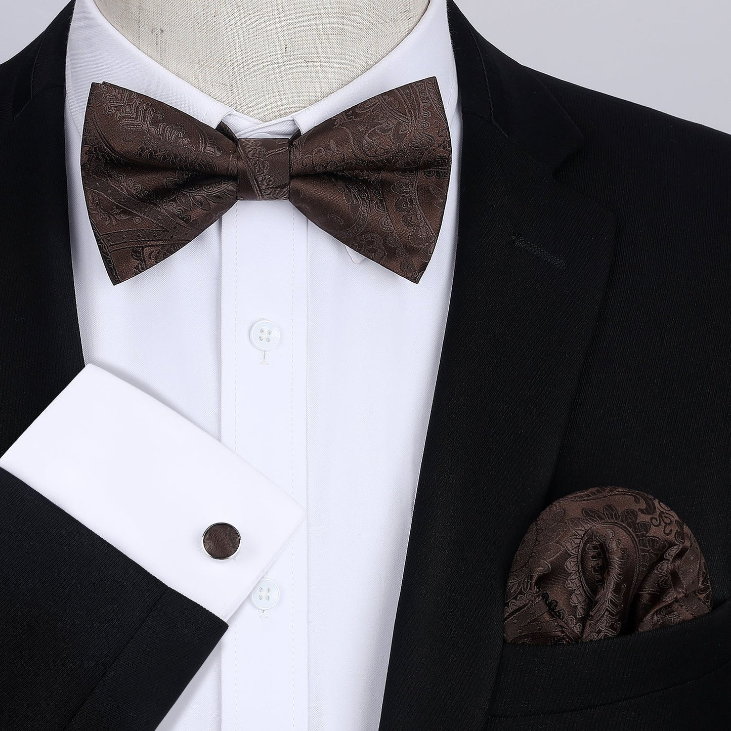 Hisdern Brown Paisley Pre-Tied Bow Tie Handkerchief with Cufflinks