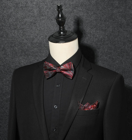 Hisdern Red Paisley Pre-Tied Bow Tie Set for Wedding