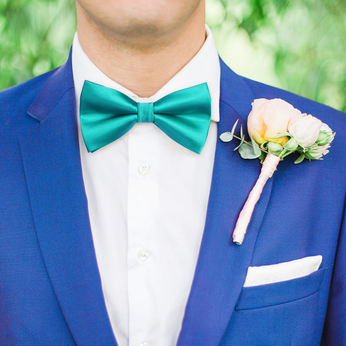 Hisdern Aqua Teal Solid Pre-Tied Bow Tie Accessories Set For Evening Wear