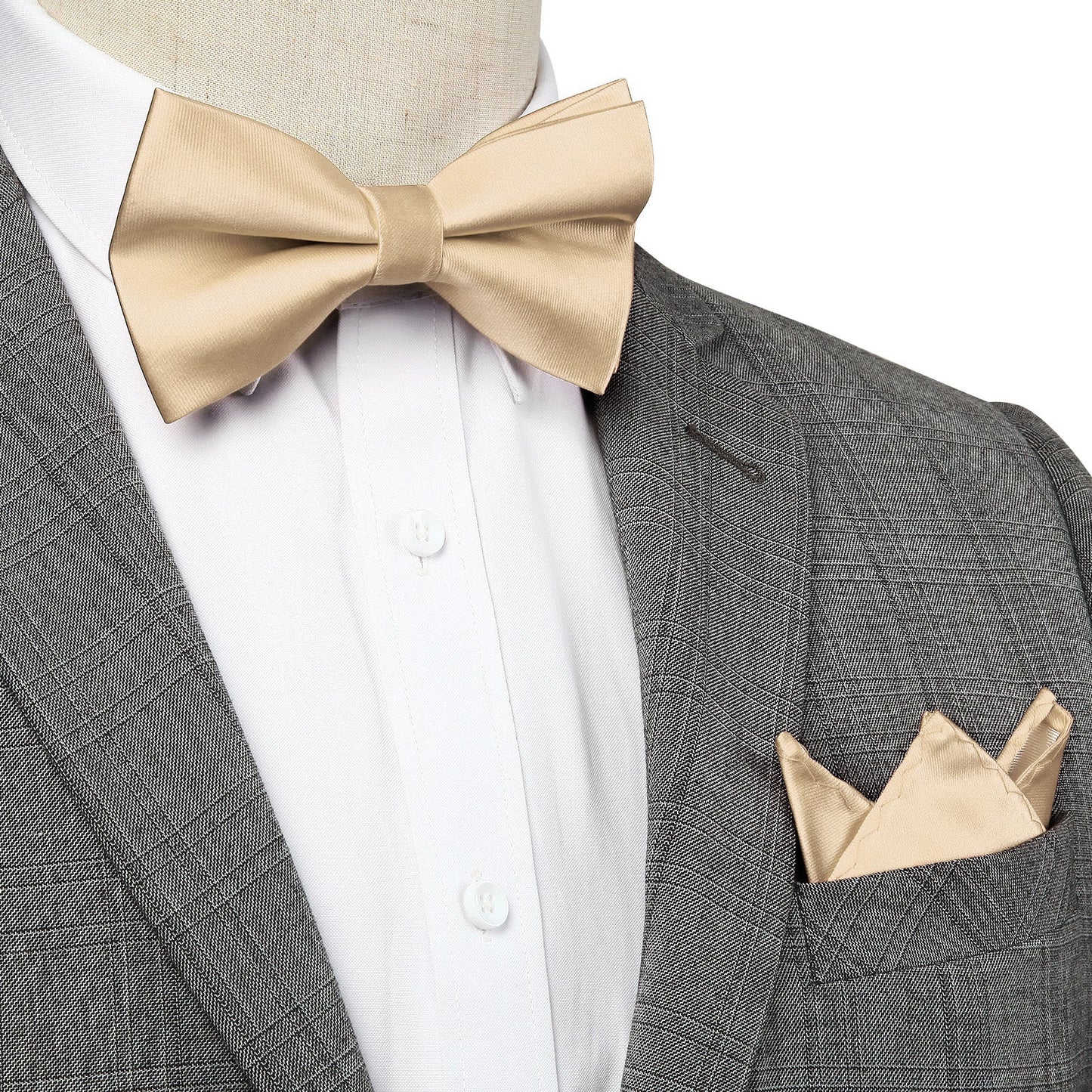 Hisdern Champagne Solid Pre-Tied Bow Tie Accessories Set For Evening Wear