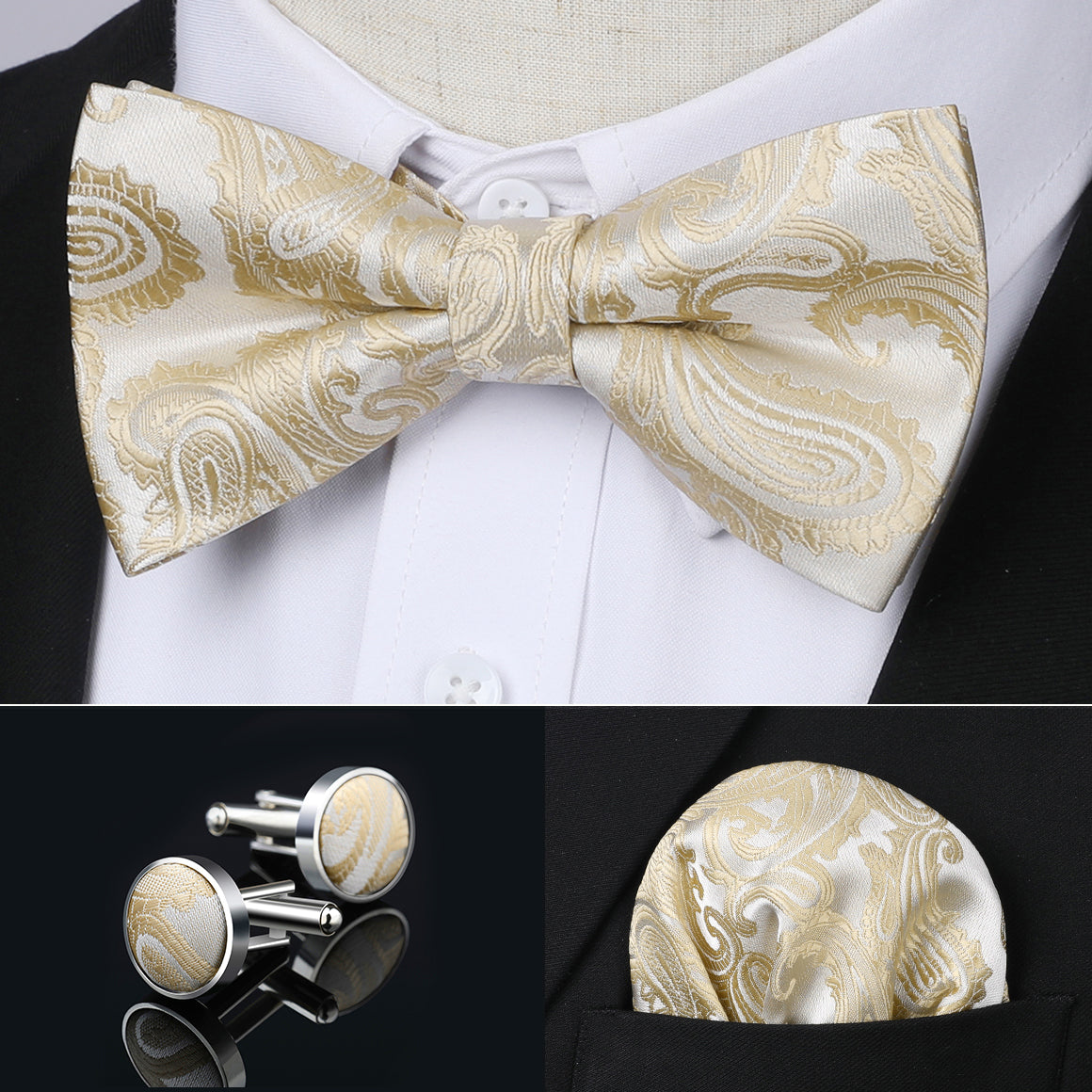 Hisdern Champagne Paisley Pre-Tied Bow Tie Handkerchief with Cufflinks