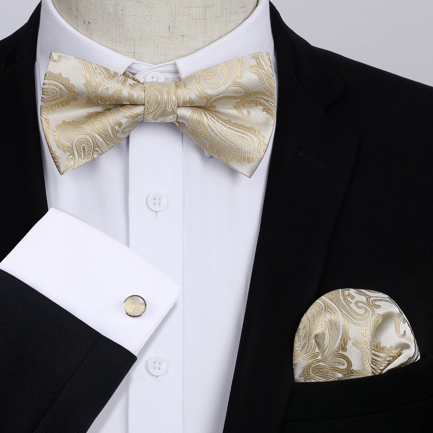 Hisdern Champagne Paisley Pre-Tied Bow Tie Handkerchief with Cufflinks