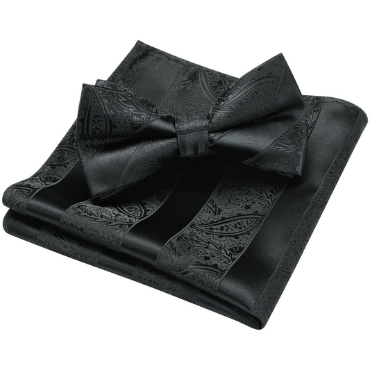 Hisdern Black Paisley Pre-Tied Bow Tie Set For Evening Wear